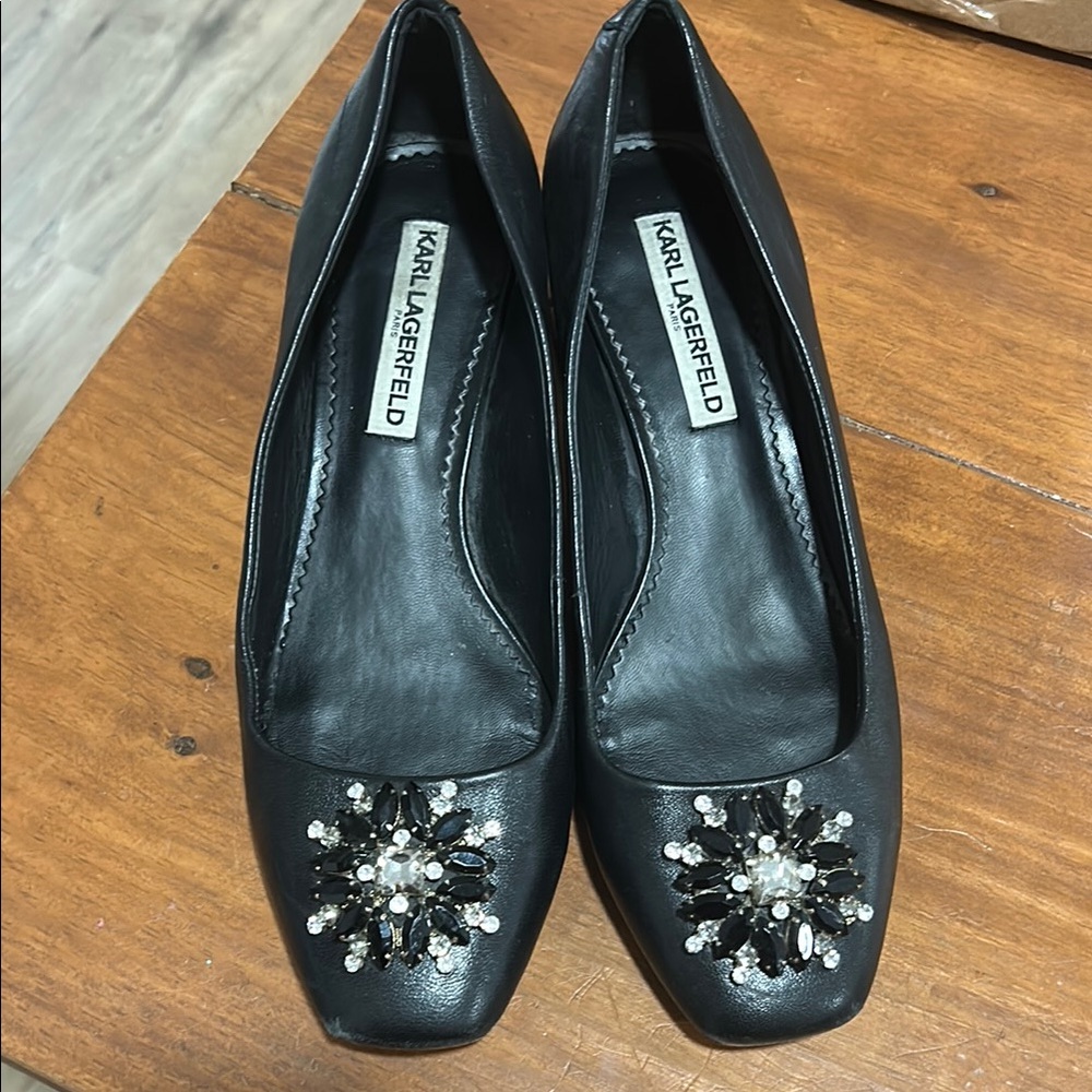 Karl Lagerfeld Black Leather Loafers with Crystal Embellishments